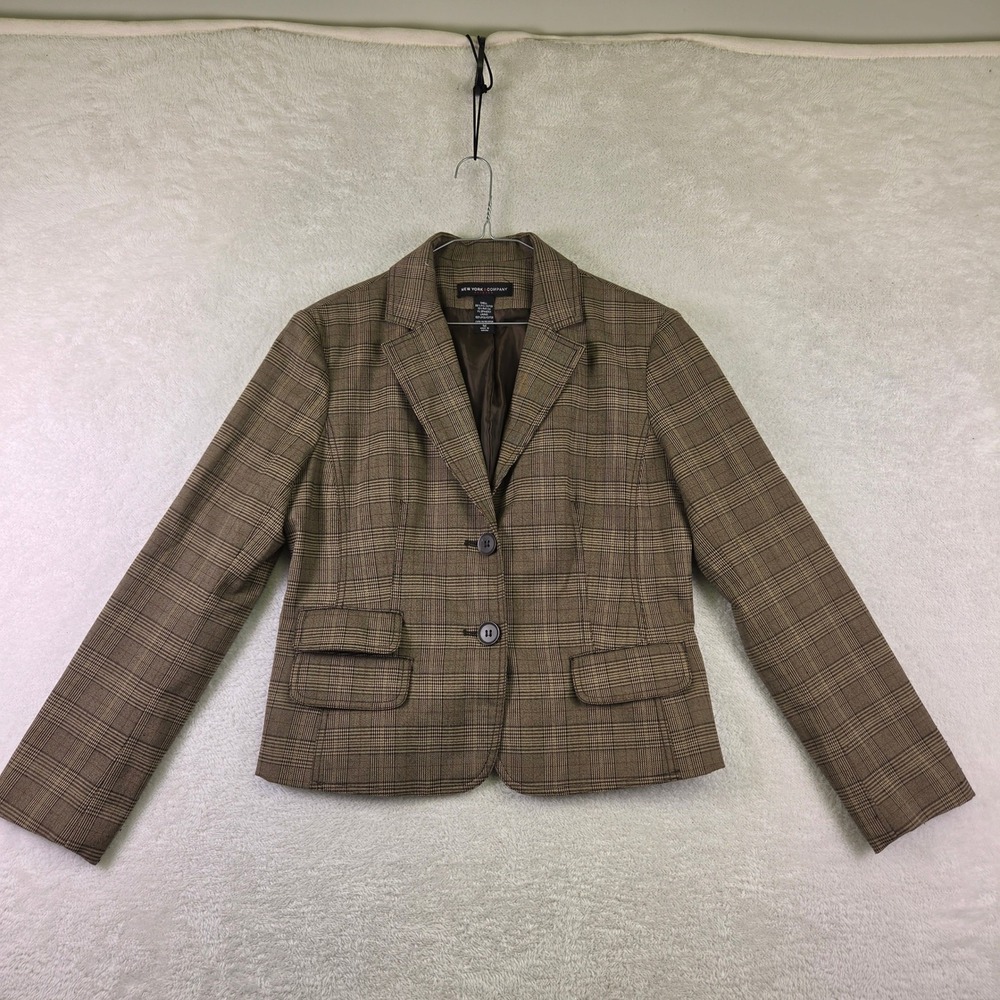 New York & Company Brown Glen Plaid Stretch Blazer Jacket Womens Size 12
